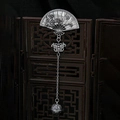 Detailed close-up of antique silver plum blossom fan brooch with butterfly tassel pendant - Z246-10 Vintage Fan Hollow Ball
