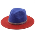 Navy blue and red two-tone Panama straw hat with silver glitter band for sun protection - M (56-58cm) / Dark Blue Crown / Red Brim