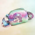 Close-up of unicorn crossbody bag showing PU leather texture and wide printed strap - Cyan