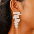 Oversized silver leaf earrings with irregular textured pleats in a modern geometric design - Geometric Serrated Long Style (N-134) / Steel
