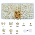 Detail view of DIY jewelry kit with pearl stars, hearts and elastic thread in a box - Style 11: 10 Grids Pearls