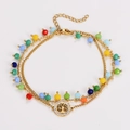 Detail van dubbellaagse kleurrijke kralen enkelband met gouden levensboom en strassteentjes - Armband
