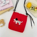 Close-up of red canvas bucket bag featuring cute dalmation embroidery and drawstring closure - Red (Dalmatian)