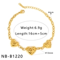 Detailed view of golden heart charms bracelet with dimensions and 16cm plus 5cm length - Triple Hollow Heart (NB-B1220)