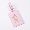 Detailed view of pink PU leather luggage tag with gold world map and aircraft pattern - Pink