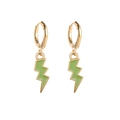 Golden hoop earrings featuring vibrant green lightning bolt pendants in a modern style - Green Lightning