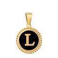 L-letter pendant in 18K gold finish with black enamel and beaded edge detail - Letter L
