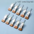 Pack of 10 silver stainless steel laundry clips with chain hooks and brown rubber tips - Hook Style / Gold
