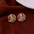 Vintage style gold flower earrings with clear and blue crystals on dark silk - Flower Shaped Earrings / 47# Silver Pin-Real Gold Plated-Pink/Blue