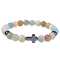 8mm Pink Zebra Map Stone beaded bracelet featuring a grey metallic cross charm - Amazonite / Bless