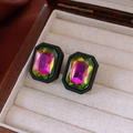 Macro shot of silver flower earrings with colorful crystals in a beige jewelry box - Silver Needle-Black-Iridescent Rectangle(24#)