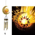 Golden solar moon wind chime with glowing glass ball and metal tubes for garden decor - Sun and Moon Wind Chime