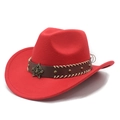 Detail of red wool felt western cowboy hat with studded leather band and bronze star - M (56-59cm) / Red