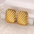 Detailed macro view of gold-plated rectangular earrings with textured striped metal surface - Gold Diagonal Striped Rounded Rectangle Earrings (G9055394)