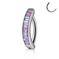 Curved stainless steel navel ring with purple rectangular synthetic opals inlay - Style 2-Opal OP38