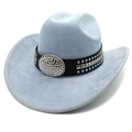 Close-up of light blue suede cowboy hat featuring a black studded band and rhinestone buckle - M (56-58cm) / Sky Blue