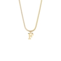 Detail of 18K gold snake chain necklace featuring a minimalist letter F pendant charm - Style F