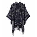 Navy and grey paisley knit shawl with tassel trim for a stylish ethnic look - One Size / Tassel Paisley-Navy