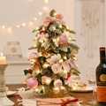 Mini flocked Christmas tree with pink ornaments and warm LED lights on wood base - 55cm Flocked Tree Felt Ornament Set