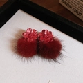 Winter vintage red flower stud earrings with soft pompom and silver needle pins - 117# Petal Pom Pom Pendant / Red