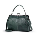Dark green vintage kiss-lock handbag with textured leather and adjustable strap - Green