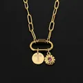 14K gold plated stainless steel necklace with letter T pendant and pink stone flower - Gold / Letter T