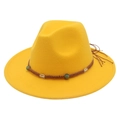 Detail of yellow wool fedora hat with woven band and green jade-style beads decor - M(56-58cm) / Yellow