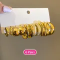 Set of 6 pairs of chunky gold-plated C-shaped hoop earrings in various textured designs - 6 Pairs Set (3# Steel Earring Post)