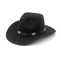 Détail d'un chapeau de cow-boy noir en laine avec bandeau en cuir et ornements en métal - M(56-58cm) / Noir