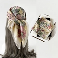 Floral yellow satin square scarf with colorful flower print shown on model and flat lay - L7347-Yellow