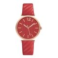 Detailed macro view of the rose gold case and red embossed leaf pattern watch dial - Red Watch Only