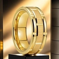Detail of gold brushed stainless steel ring with industrial gear pattern and polished edges - US 5 / Gold