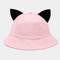 Detailed view of pink cotton bucket hat with cute black devil ear accents and neat stitching - M (56-58cm) / Pink