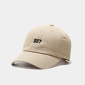 Detail of 1987 black embroidery on beige cotton twill baseball cap with curved brim - M (56-58cm) / Khaki
