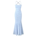Elegant light blue lace backless mermaid maxi dress with bow straps and floral pattern - S / Light Blue