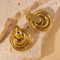 Polished golden stainless steel earrings featuring a triple concentric circle drop design - Gold Triple Layer Concentric Hoop Studs