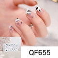 Detail of QF655 cow print heart nail stickers with blue ink splash and 14-piece sheet set - Black White Blue Abstract Spots Style (QF655)