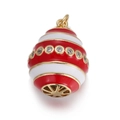 Red enamel and gold striped egg charm with sparkling white zircons and intricate filigree - Red Striped Egg Pendant