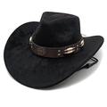 Classic black suede cowboy hat with brown decorative band and bull head emblem - M (56-58cm) / Black