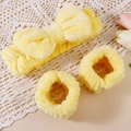 Plush coral fleece yellow bow headband and matching wristbands set for face washing - 3-Piece Headband Set / Yellow