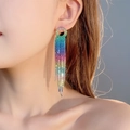 Macro close-up of long rainbow tassel earrings with colorful gradient rhinestones - Rainbow Gradient (KE023CF)