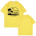 Yellow short sleeve T-shirt with black palm tree print and retirement slogan - S / Yellow