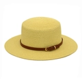 Detailed texture of flat top boater hat with woven straw and brown leather band buckle - M (56-58cm) / Neon Yellow