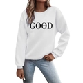 Weißes Rundhals-Sweatshirt mit schwarzem GOOD vibes Print und klassischer blauer Jeans - S / Weiß