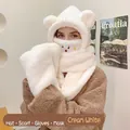 Creamy white 4-in-1 plush winter hooded scarf with bear ears and cute embroidery - Bear 4-Piece Set / White