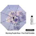 Portable five-fold umbrella with purple rose pattern and UV silver coating - 5-Fold 8k Morning Purple Rose - Silver Coating