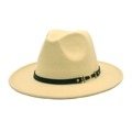 Detailed view of cream felt fedora hat featuring a black belt band and golden metal buckle - M (56-58cm) / Beige