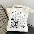 White canvas tote bag featuring frog and mushroom print on a minimalist metal chair - C3-Black Line Art Frog Mushroom (No Zipper No Pocket)