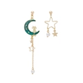 Asymmetric gold earrings with dark green moon cat silhouette and white pearl accents - Blue