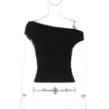 Detail view of the black one-shoulder ruched top fabric on a mannequin with white background - S / Black